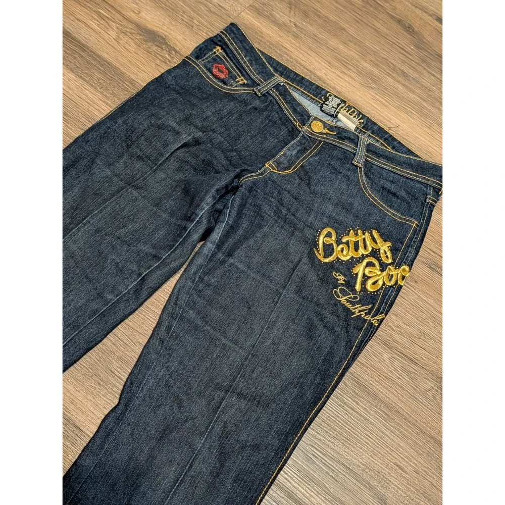 Southpole x Betty Boop Jeans Womens 9 Dark Wash Embroidered Pocket Flare Y2K